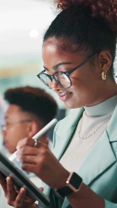 Programming, developer and woman with glasses, tablet and coder with stylus for Stock Footage 306825009