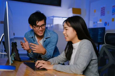 Programming development technology work at night. 스톡 사진