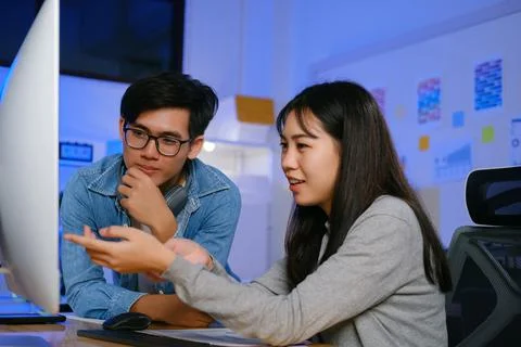 Programming development technology work at night. Stock Photos