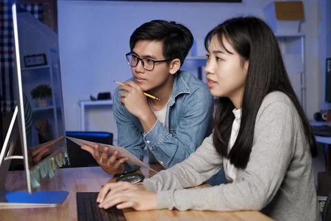 Programming development technology work at night. 스톡 사진