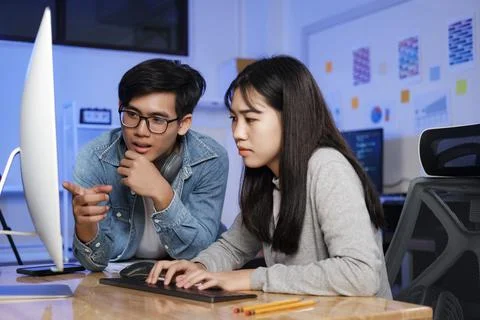 Programming development technology work at night. Stock Photos