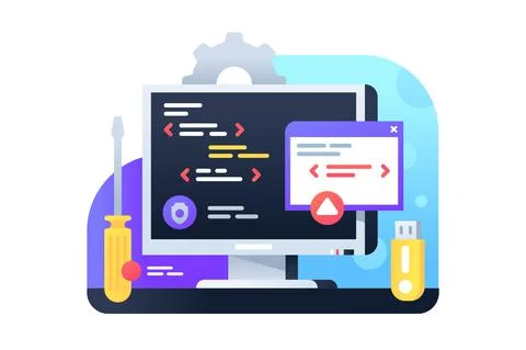 Programming development using pc and IT technology. Stock Illustration