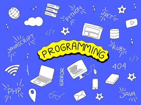 Programming doodle illustration with programmer tools and popular language Stock Illustration