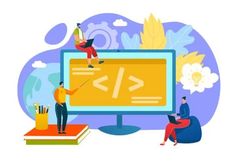 Programming education concept, programmers learn coding on computer vector Illustrazione stock