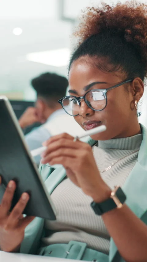 Programming, employee or woman with tablet, office and coder with stylus for Stock Footage 306823919