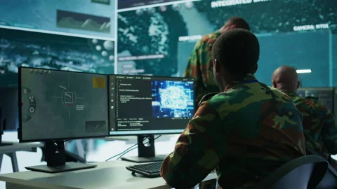 Programming engineer soldier handles AI brain and deep learning data Stock Footage 279951041