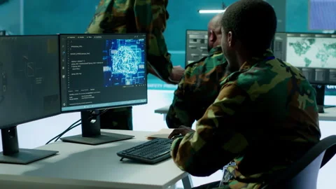 Programming engineer soldier handles AI brain and deep learning data Stock Footage 280149198