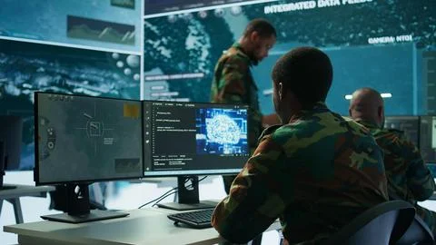 Programming engineer soldier handles AI brain and deep learning data 스톡 사진