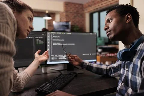 Programming engineers developing machine learning algorithm Stock-Fotos