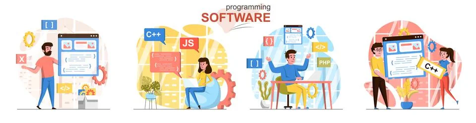 Programming flat design concept scenes set Stock Illustration