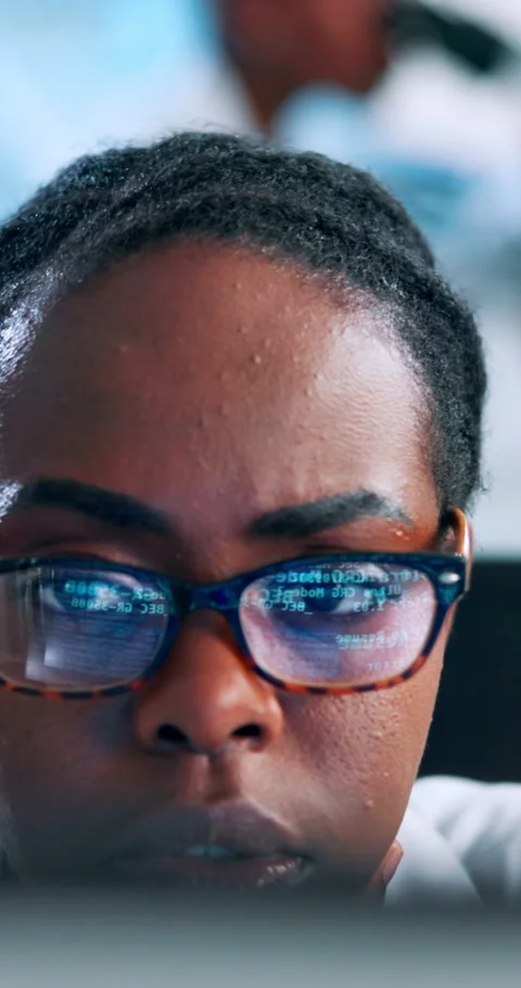 Programming, glasses and black woman developer with code, computer or web design Stock Footage 307476751