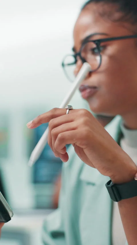 Programming, hands and woman with tablet, office and coder with stylus for Stock Footage 306823725