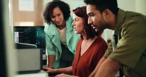 Programming, help and people in office, computer for web development and Stock Footage 330047071