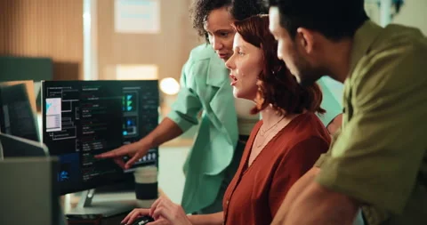 Programming, help and people in workplace, computer for web development or ideas Stock Footage 330047036