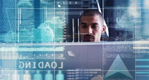 Programming, hologram and man on tech in office with loading code, system u.. Stock Photos