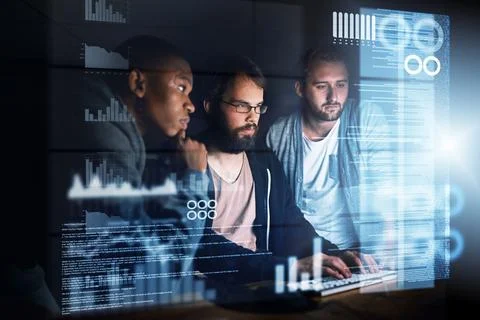 Programming hologram, man and team with computer at night for typing source code Stock Photos