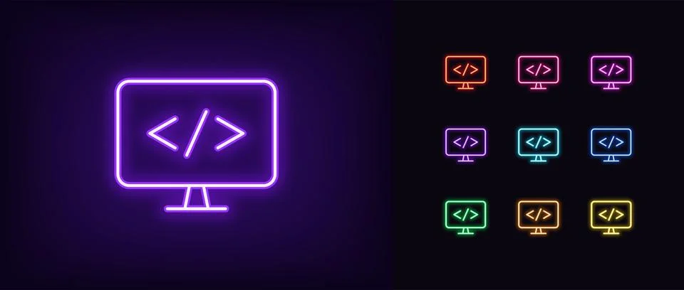 Programming icon in outline neon. Glowing neon computer with code sign, web d Stock Illustration