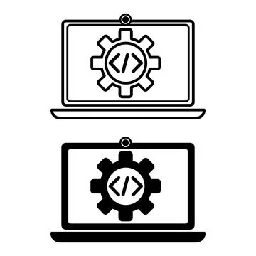 Programming Icons. Black and White Vector Icons of Laptop, Code, and Gear. .. Illustrazione stock