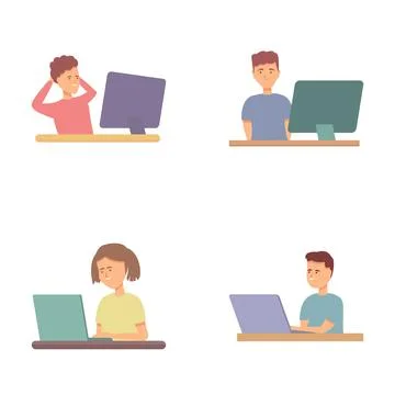 Programming icons set cartoon vector. Software development team Ilustração Stock