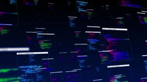 Programming interface panels motion floating code screens, colorful syntax, deep Stock Footage 340564419