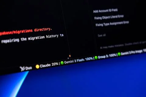 Programming interface showing AI task tracking and migration logs, illustrating Stock Photos