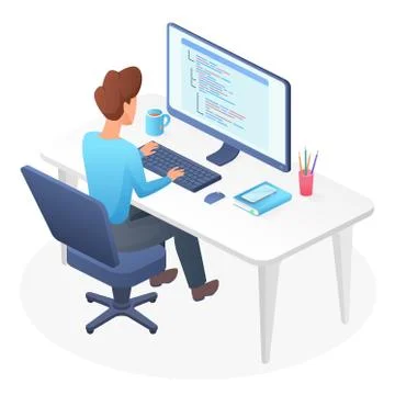 Programming isometric man vector illustration Stock Illustration