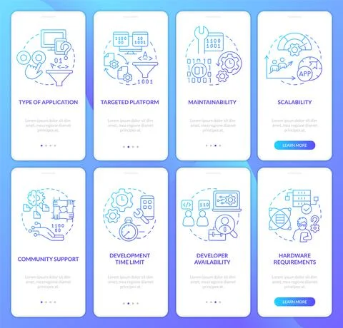 Programming language choice blue gradient onboarding mobile app screen set Stock Illustration
