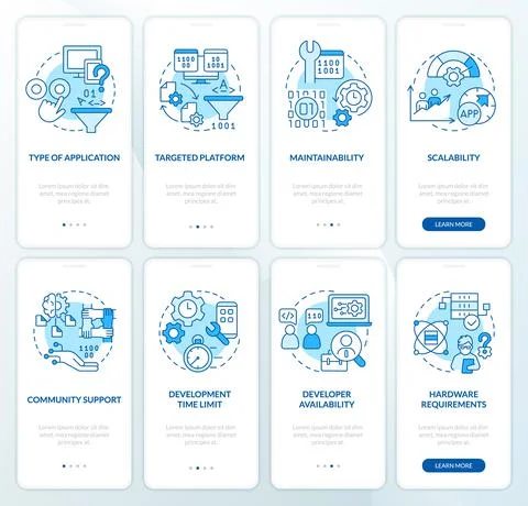 Programming language choice blue onboarding mobile app screen set Stock Illustration