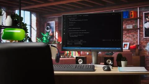 Programming language code editor software UI on computer display Stock Photos