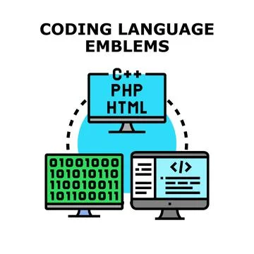 Programming language emblems creating coding development system 스톡 일러스트