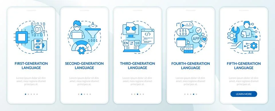 Programming language evolution blue onboarding mobile app screen Illustrazione stock