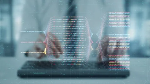 Programming language hologram with coder hands typing on computer keyboard Stock Footage 252276385