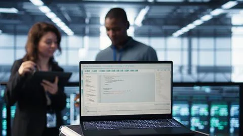 Programming language on notebook used by server room IT experts, close up 写真素材