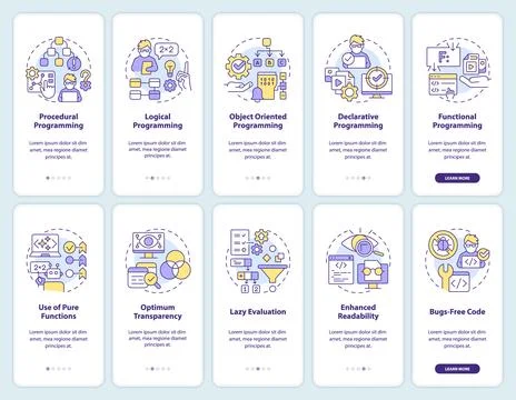 Programming language paradigms onboarding mobile app screen set Stock Illustration