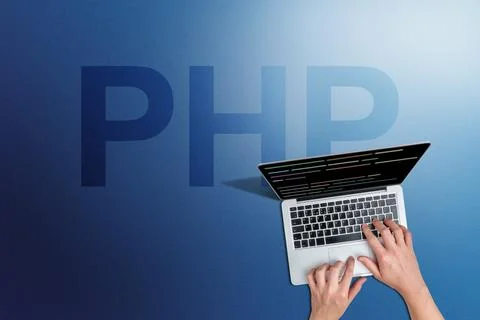 Programming language php code with person and laptop Stockfoto's