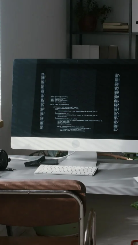 Programming Language Running on PC of Web Engineer in Office Stock Footage 299199571