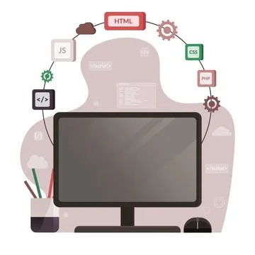 Programming languages design, program code on screen. Software, web development Stock Illustration