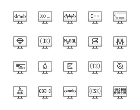 Programming languages flat line icons set. Html code, php, java language, python Stock Illustration