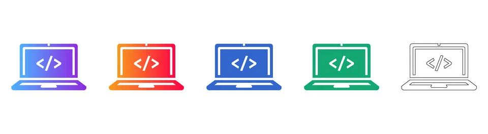 Programming Laptop Code Symbol Icon Set Stock Illustration