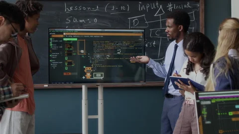 Programming Lesson on Computers in Modern School Class Stock Footage 284430099