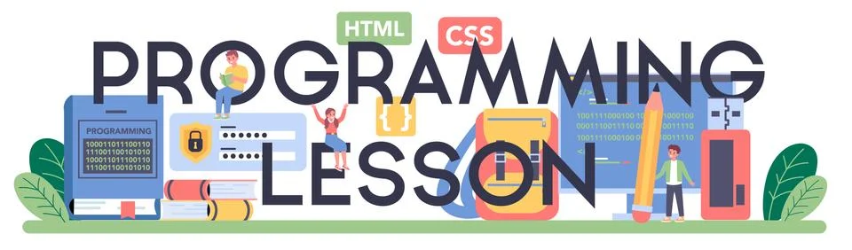 Programming lesson typographic header. Student write software 스톡 일러스트