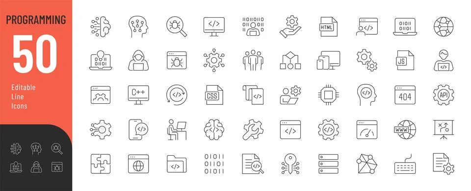 Programming Line Editable Icons set. Illustrazione stock
