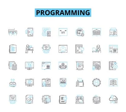Programming linear icons set. Debugging, Syntax, Function, Algorithm, Compiler Stock Illustration