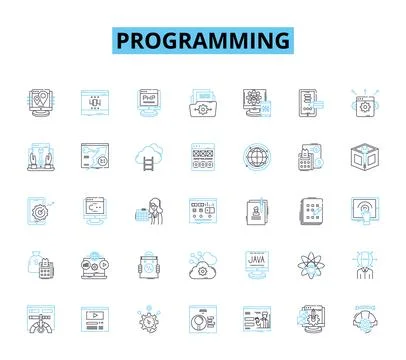 Programming linear icons set. Debugging, Syntax, Function, Algorithm, Compiler Illustrazione stock