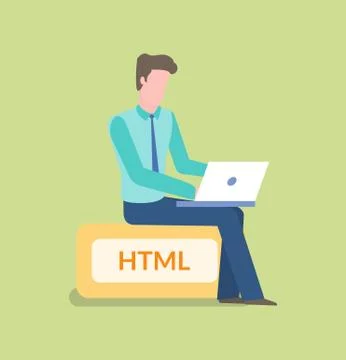 Programming Male Sitting on HTML Sign Working Illustrazione stock