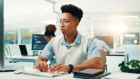 Programming, man and typing on computer in office for web development, system 写真素材