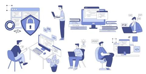 Programming with Man Character Working on Web and Application Development Vector Stock Illustration