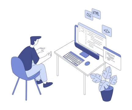 Programming with Man Character Working on Web Application Development Vector Stock Illustration