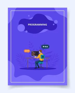 Programming man development software apps on computer for template of banners Stock Illustration