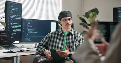 Programming, man or tablet in office for advice, coding solution or share Video stock 346760787